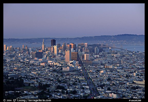 Skyline and Market avenue from Twin Peaks, dusk. San Francisco, California, USA (color)