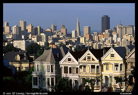 Victorians at Alamo Square and skyline, afternoon. San Francisco, California, USA