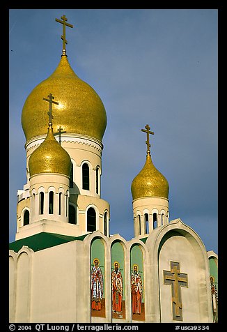 Bulbs of Russian Orthodox Holy Virgin Cathedral. San Francisco, California, USA (color)