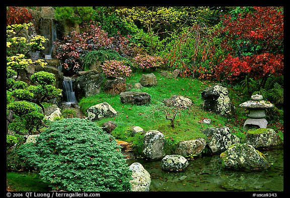 Cascade, rocks, and grass, Japanese Garden, Golden Gate Park. San Francisco, California, USA (color)