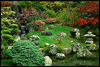 Cascade, rocks, and grass, Japanese Garden, Golden Gate Park. San Francisco, California, USA (color)