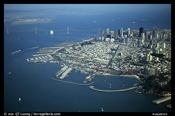Aerial view of Downtown and Fisherman's wharf. San Francisco, California, USA (color)