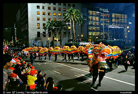 Dragon dancing during the Chinese New Year celebration, Union Square. San Francisco, California, USA
