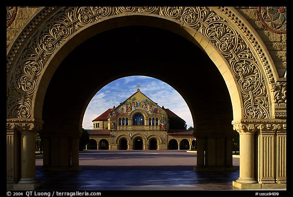 Memorial Chapel through the Quad's arch, early morning. Stanford University, California, USA (color)
