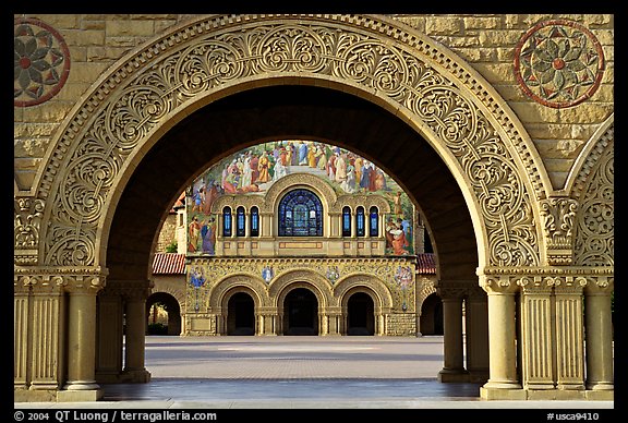 Memorial Church through the Quad's arch, early morning. Stanford University, California, USA (color)