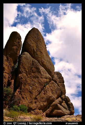Spire with climbers, Pinnacles National Monument. California, USA