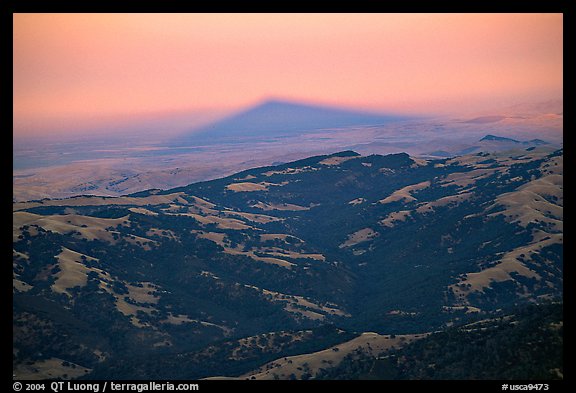 Shadow of Mt Diable projects far into the Central Valley at sunset, Mt Diablo State Park. California, USA