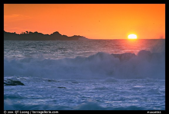 Crashing surf and sunset,  Carmel River State Beach. Carmel-by-the-Sea, California, USA