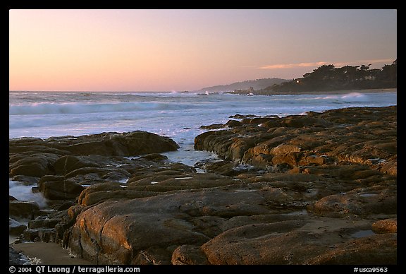 Rock ledges at  sunset,  Carmel River State Beach. Carmel-by-the-Sea, California, USA (color)