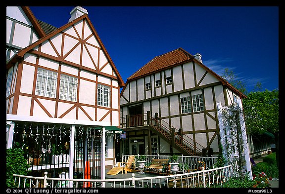 Half-timbered houses, Danish village. Solvang, California, USA (color)