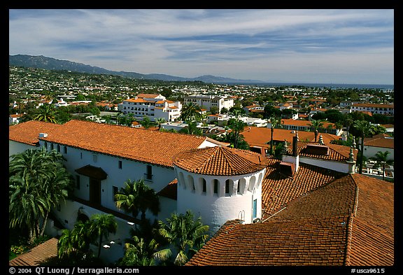Red tile rooftops of the courthouse. Santa Barbara, California, USA