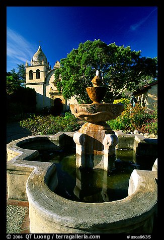 Fountain and chapel, Carmel Mission. Carmel-by-the-Sea, California, USA (color)