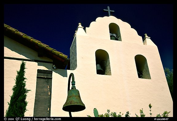 Cross and bell tower, Mission Santa Inez. Solvang, California, USA (color)