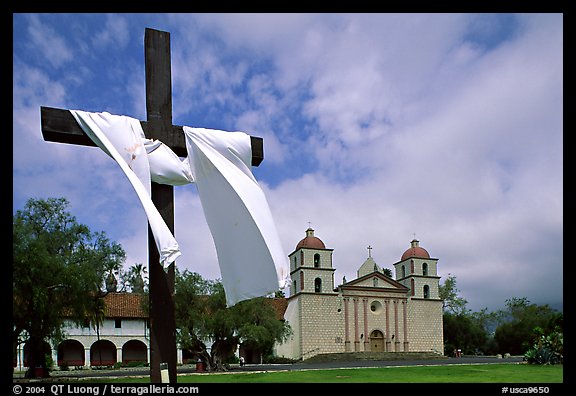 Cross and Mission Santa Barbara,  morning. Santa Barbara, California, USA (color)