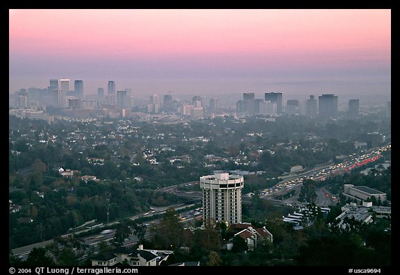 Los Angeles skyline seen from Brentwood at dusk. Los Angeles, California, USA