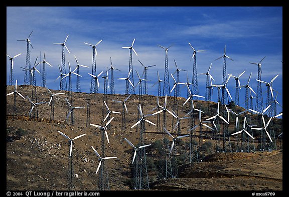 Windmills on barren hills, Tehachapi Pass. California, USA