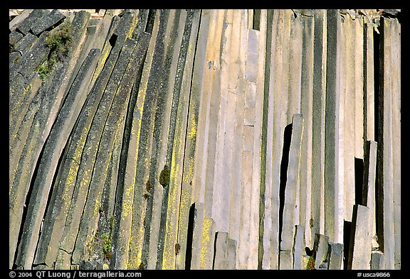 Hexagonal basalt colums, afternoon,  Devils Postpile National Monument. California, USA