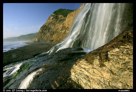 Alamere Falls flowing onto the beach. Point Reyes National Seashore, California, USA (color)