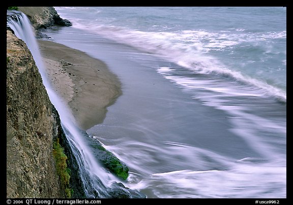 Alamere Falls, beach, and surf. Point Reyes National Seashore, California, USA (color)