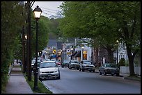 Street and storefronts at dusk, Essex. Connecticut, USA (color)
