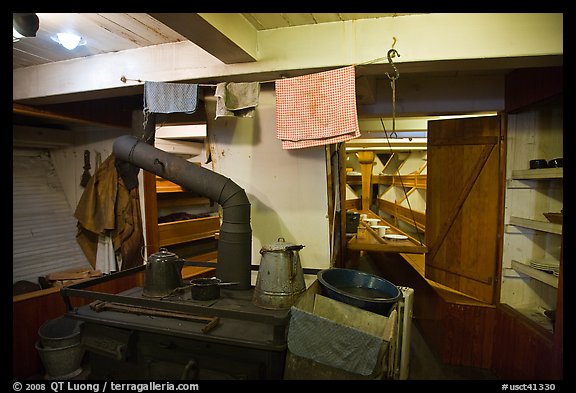Kitchen and dining room on historic ship. Mystic, Connecticut, USA
