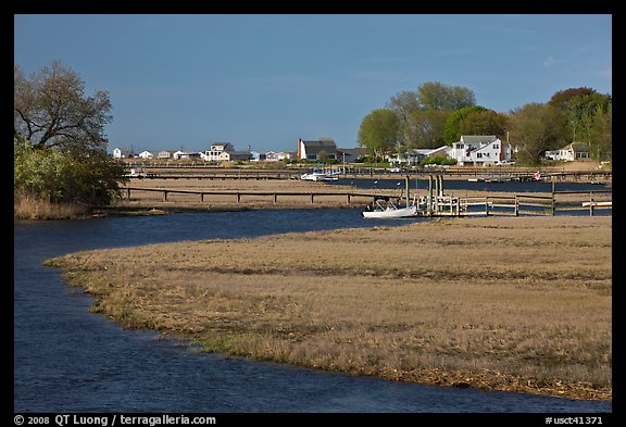 Oyster River, grasses, and houses, Old Saybrook. Connecticut, USA