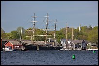 Three masted ship, Mystic River, and church. Mystic, Connecticut, USA ( color)