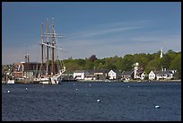 Ship, houses, and church across the Mystic River. Mystic, Connecticut, USA ( color)