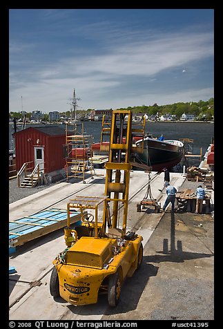 Boat being built at shiplift. Mystic, Connecticut, USA