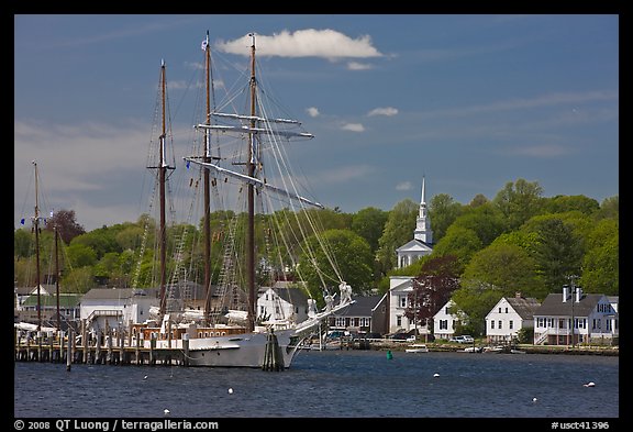 Mystic River, tall ship and village. Mystic, Connecticut, USA (color)