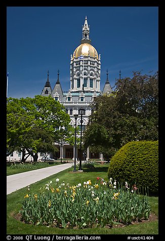 Gardens and Connecticut Capitol. Hartford, Connecticut, USA (color)