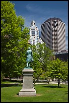 Statue in park and high-rise buildings. Hartford, Connecticut, USA ( color)
