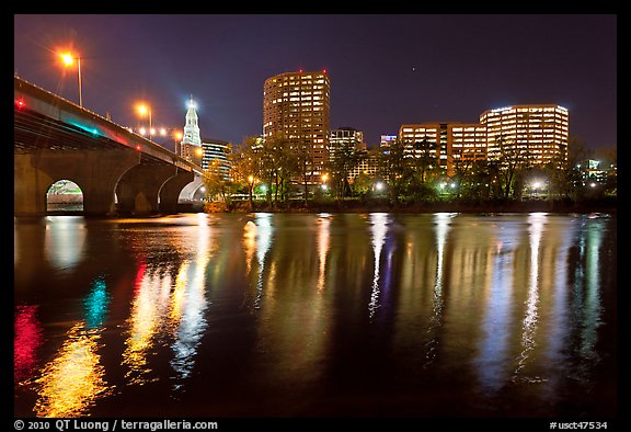 Night skyline and bridge over Connecticut River. Hartford, Connecticut, USA (color)