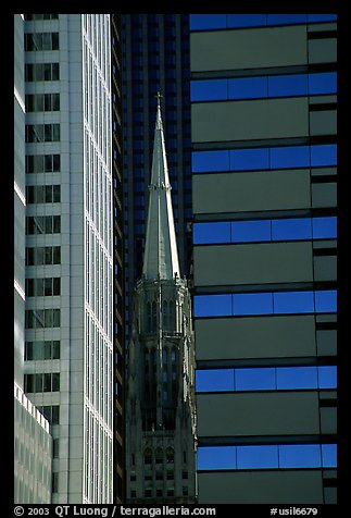 Church spire and modern buildings. Chicago, Illinois, USA