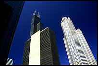 Sears tower and other skyscrappers towering in the sky. Chicago, Illinois, USA (color)