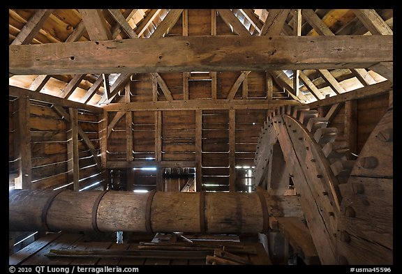 Waterwheel shaft inside forge, Saugus Iron Works National Historic Site. Massachussets, USA