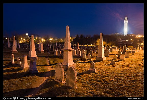 Cemetery and Pilgrim Monument at night, Provincetown. Cape Cod, Massachussets, USA (color)