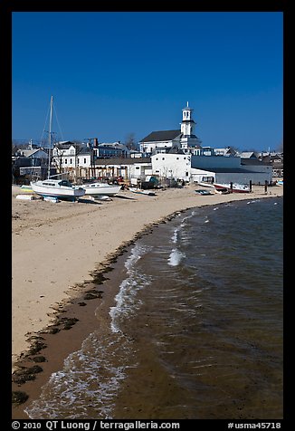 Beach, boats, and church building, Provincetown. Cape Cod, Massachussets, USA