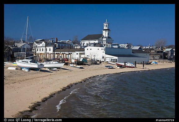 Yachts on beach and church, Provincetown. Cape Cod, Massachussets, USA