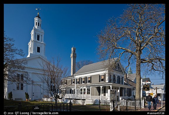 Church, Pilgrim Monument, and houses, Provincetown. Cape Cod, Massachussets, USA (color)