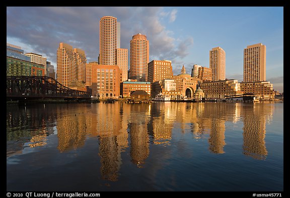 Boston skyline from harbor, sunrise. Boston, Massachussets, USA (color)