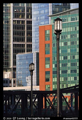 Lamps and high-rise facades. Boston, Massachussets, USA