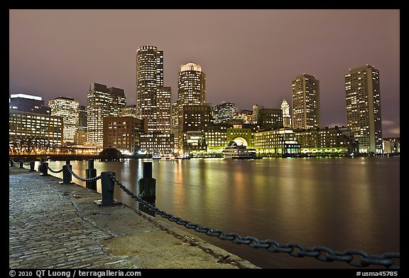 Night skyline above harbor. Boston, Massachussets, USA