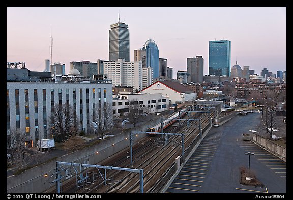 Railway, Northeastern University, and skyline at dusk. Boston, Massachussets, USA (color)