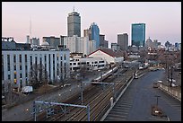 Railway, Northeastern University, and skyline at dusk. Boston, Massachussets, USA