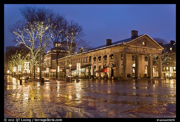 Lights and reflections at night, Quincy Market. Boston, Massachussets, USA