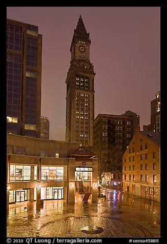 Custom House Tower and  Faneuil Hall marketplace at night. Boston, Massachussets, USA (color)