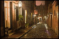 Picturesque cobblestone street on rainy night, Beacon Hill. Boston, Massachussets, USA (color)