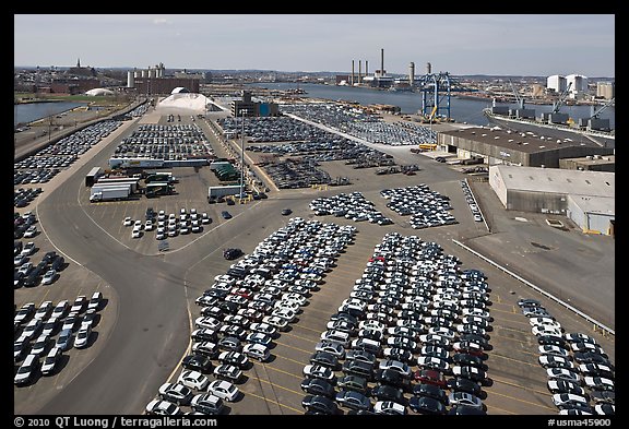 Cars lined up in shipping harbor. Boston, Massachussets, USA