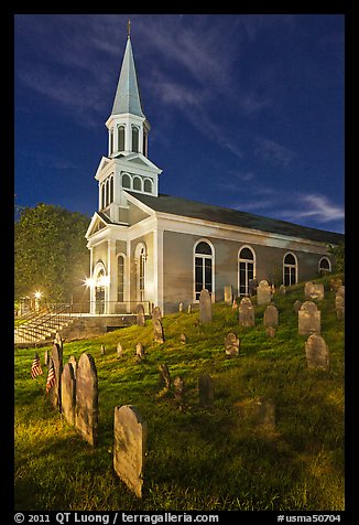 Cemetery and church at night, Concord. Massachussets, USA (color)
